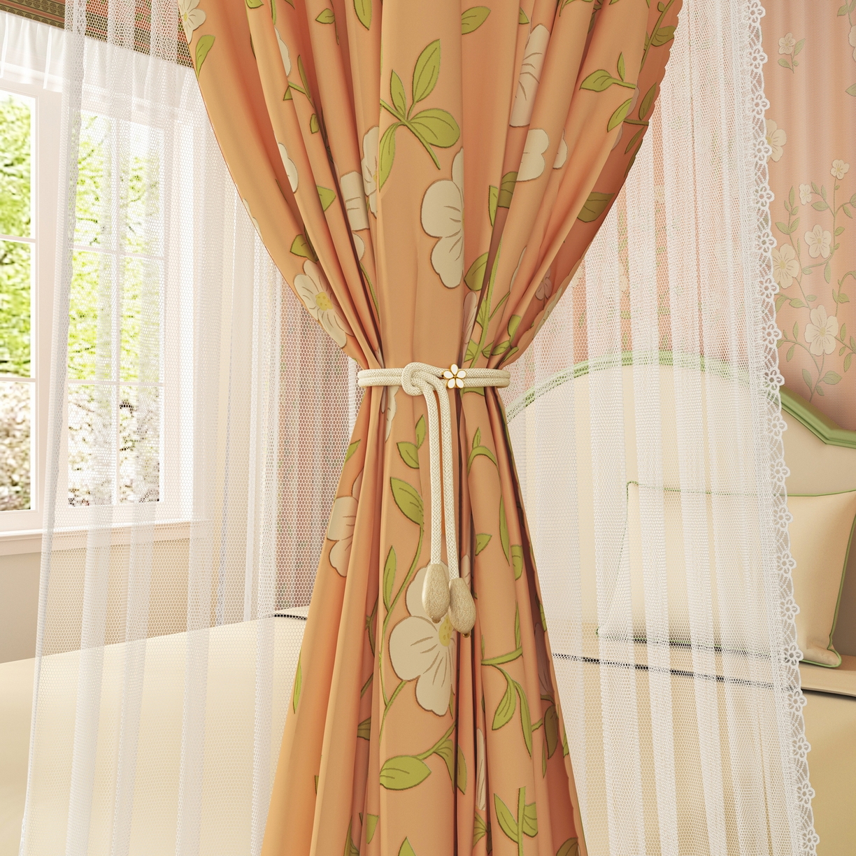 91家纺网 家纺一手货源 找家纺 艾晶美家纺有限公司 2025新款新中风双层双杆5面遮光落地宫廷蚊帐 花簇橘裳