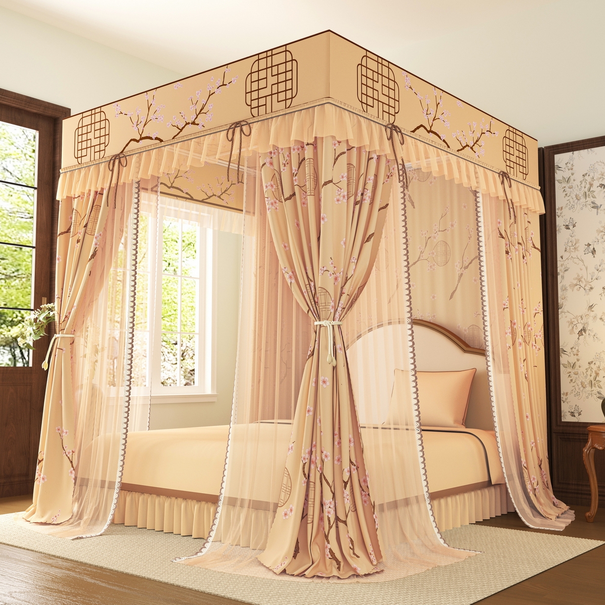 91家纺网 家纺一手货源 找家纺 艾晶美家纺有限公司 2025新款新中风双层双杆5面遮光落地宫廷蚊帐 寒梅映阁