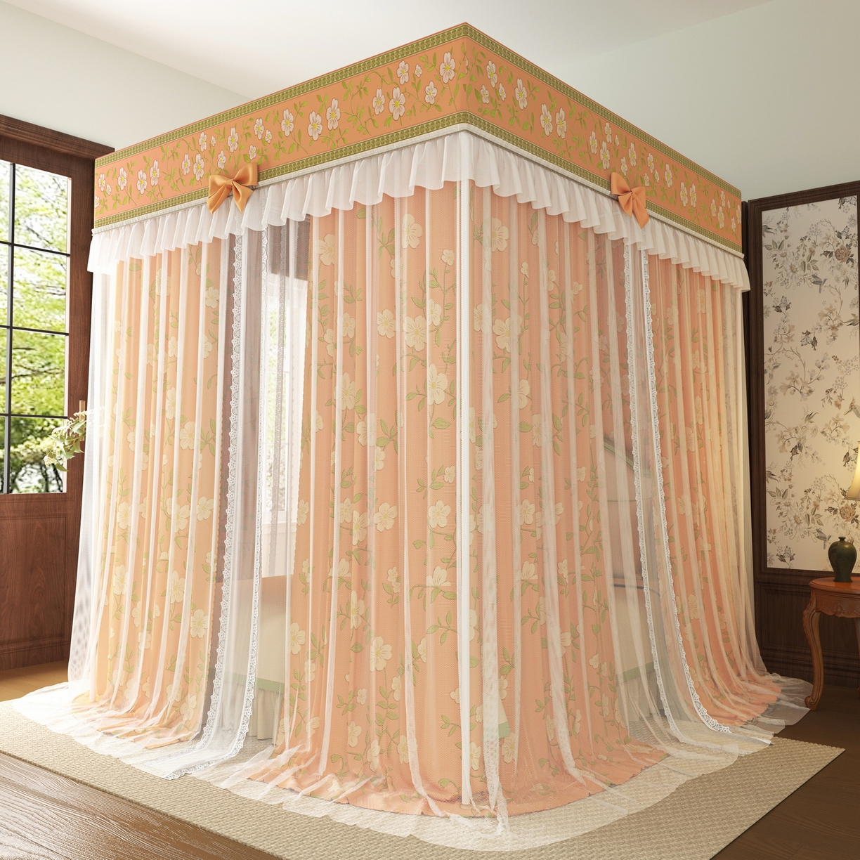 91家纺网 家纺一手货源 找家纺 艾晶美家纺有限公司 2025新款新中风双层双杆5面遮光落地宫廷蚊帐 花簇橘裳