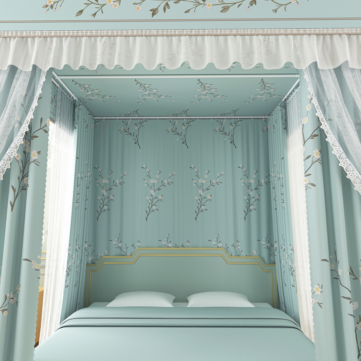 91家纺网 家纺一手货源 找家纺 艾晶美家纺有限公司 2025新款新中风双层双杆5面遮光落地宫廷蚊帐 兰枝映月