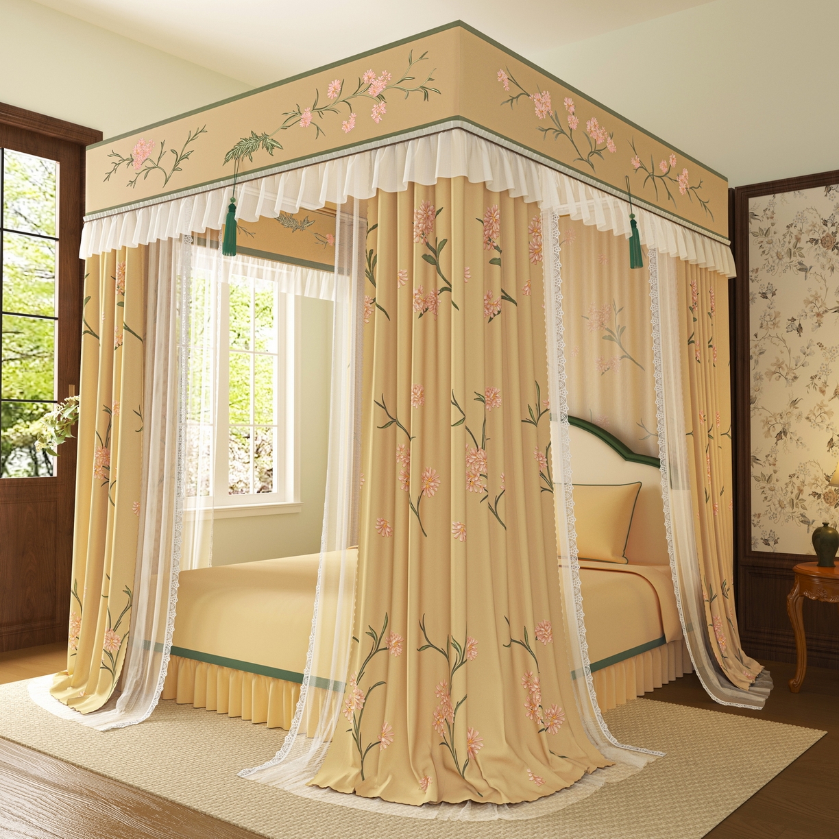 艾晶美家纺有限公司 2025新款新中风双层双杆5面遮光落地宫廷蚊帐 云纱梦境