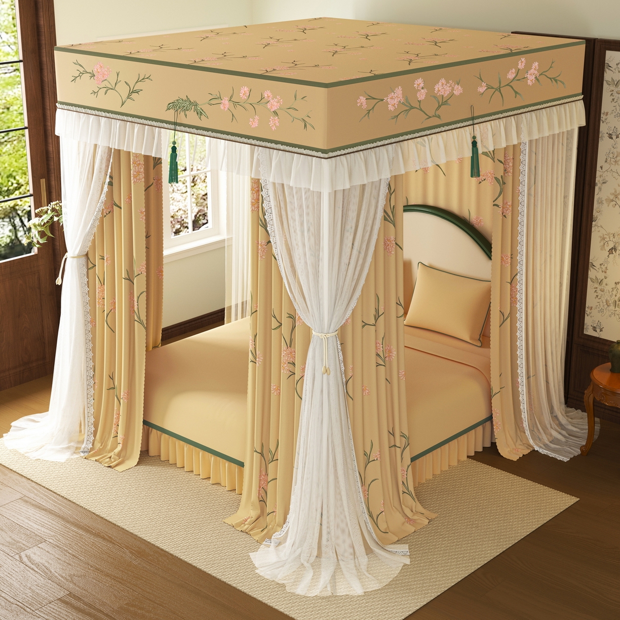 91家纺网 家纺一手货源 找家纺 艾晶美家纺有限公司 2025新款新中风双层双杆5面遮光落地宫廷蚊帐 云纱梦境