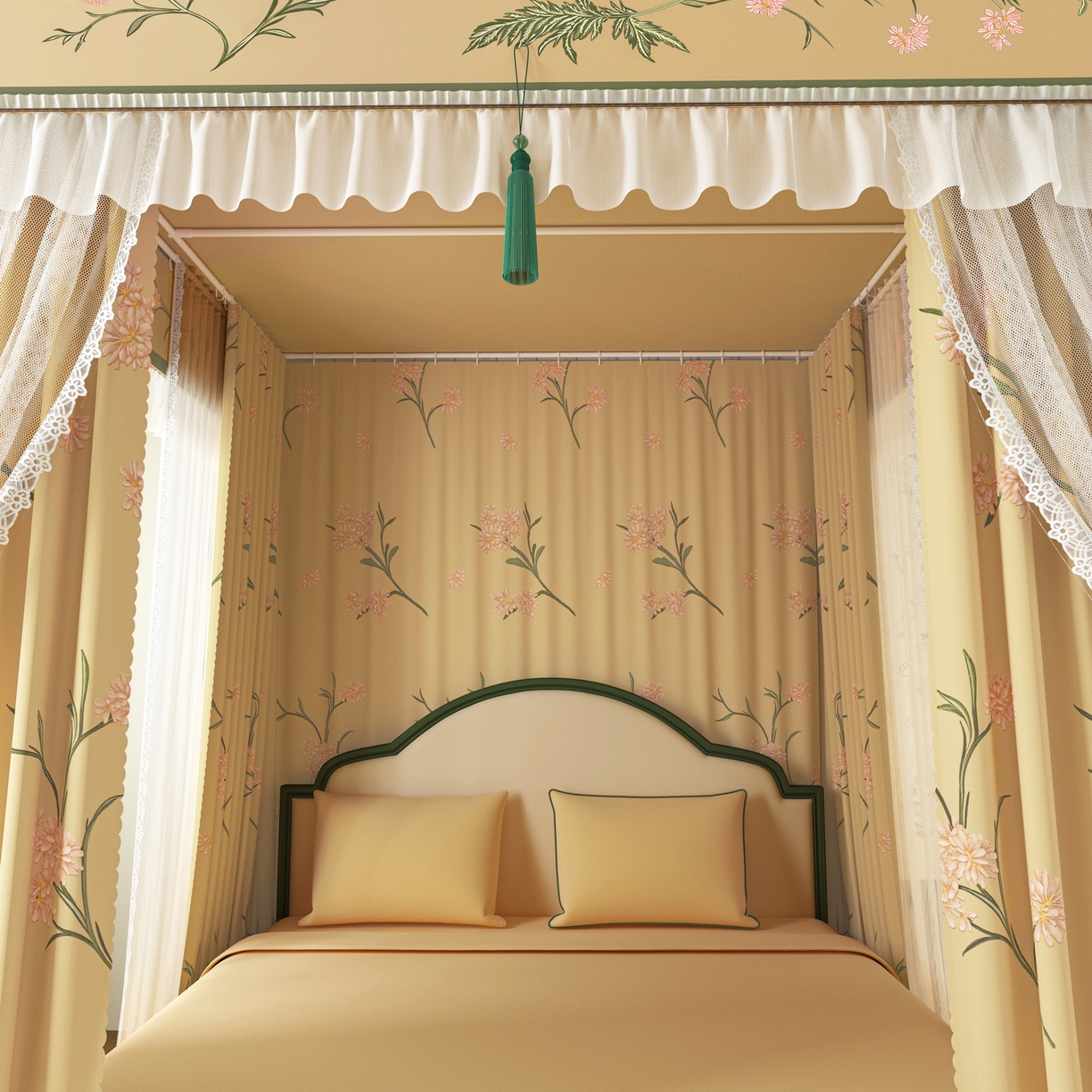 91家纺网 家纺一手货源 找家纺 艾晶美家纺有限公司 2025新款新中风双层双杆5面遮光落地宫廷蚊帐 云纱梦境