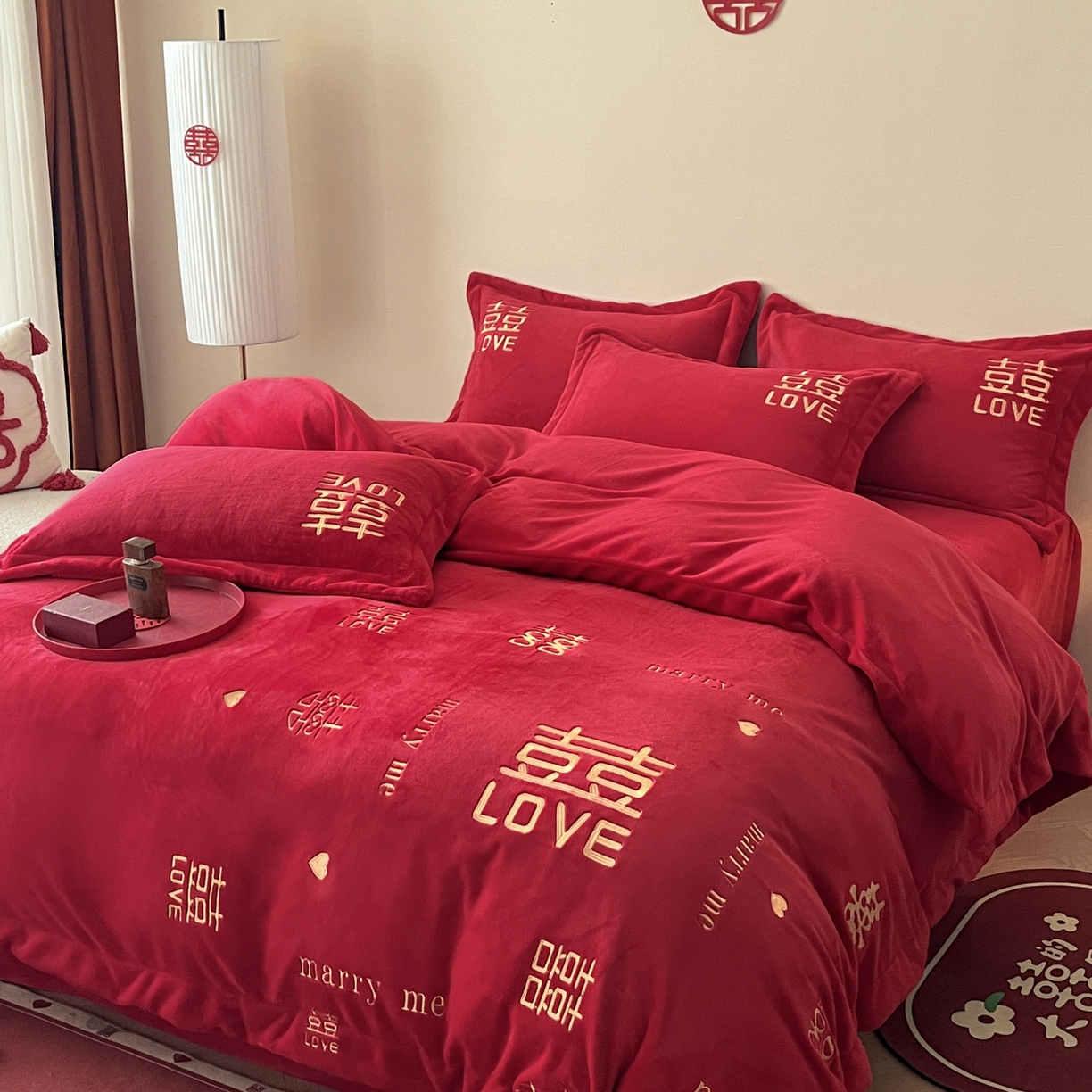 91家纺网 家纺一手货源 找家纺 欧乐蒂 2025新款高克重牛奶绒刺绣四件套-家家有喜 家家有喜-金