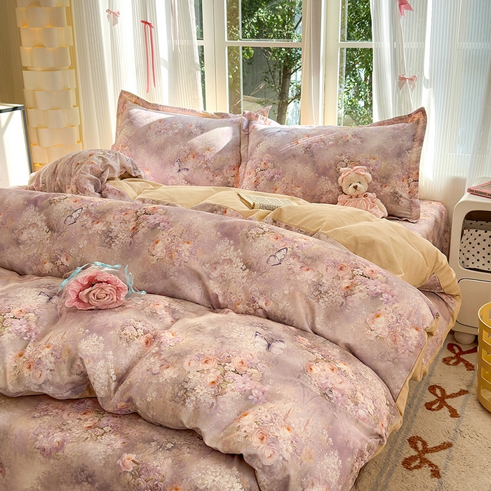 91家纺网 家纺一手货源 找家纺 拾物记 2025新款A类全棉纯棉加厚超柔磨毛四件套（提供 买家秀 质检报告和实验视频） 雾野花蝶