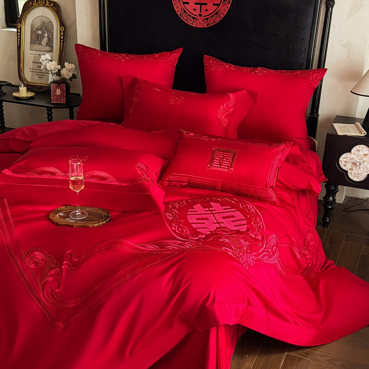 91家纺网 家纺一手货源 找家纺 （总）佳汐蓝家纺 2025新款100支全棉刺绣婚庆四件套-喜漾