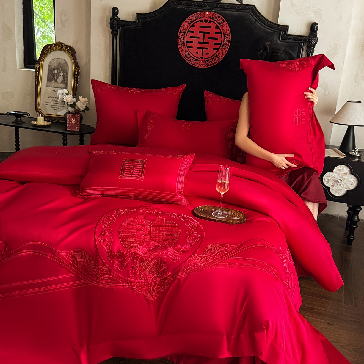 91家纺网 家纺一手货源 找家纺 （总）佳汐蓝家纺 2025新款100支全棉刺绣婚庆四件套-喜漾