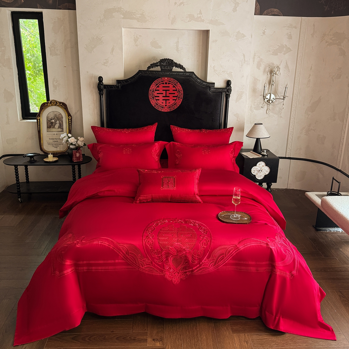 91家纺网 家纺一手货源 找家纺 （总）佳汐蓝家纺 2025新款100支全棉刺绣婚庆四件套-喜漾