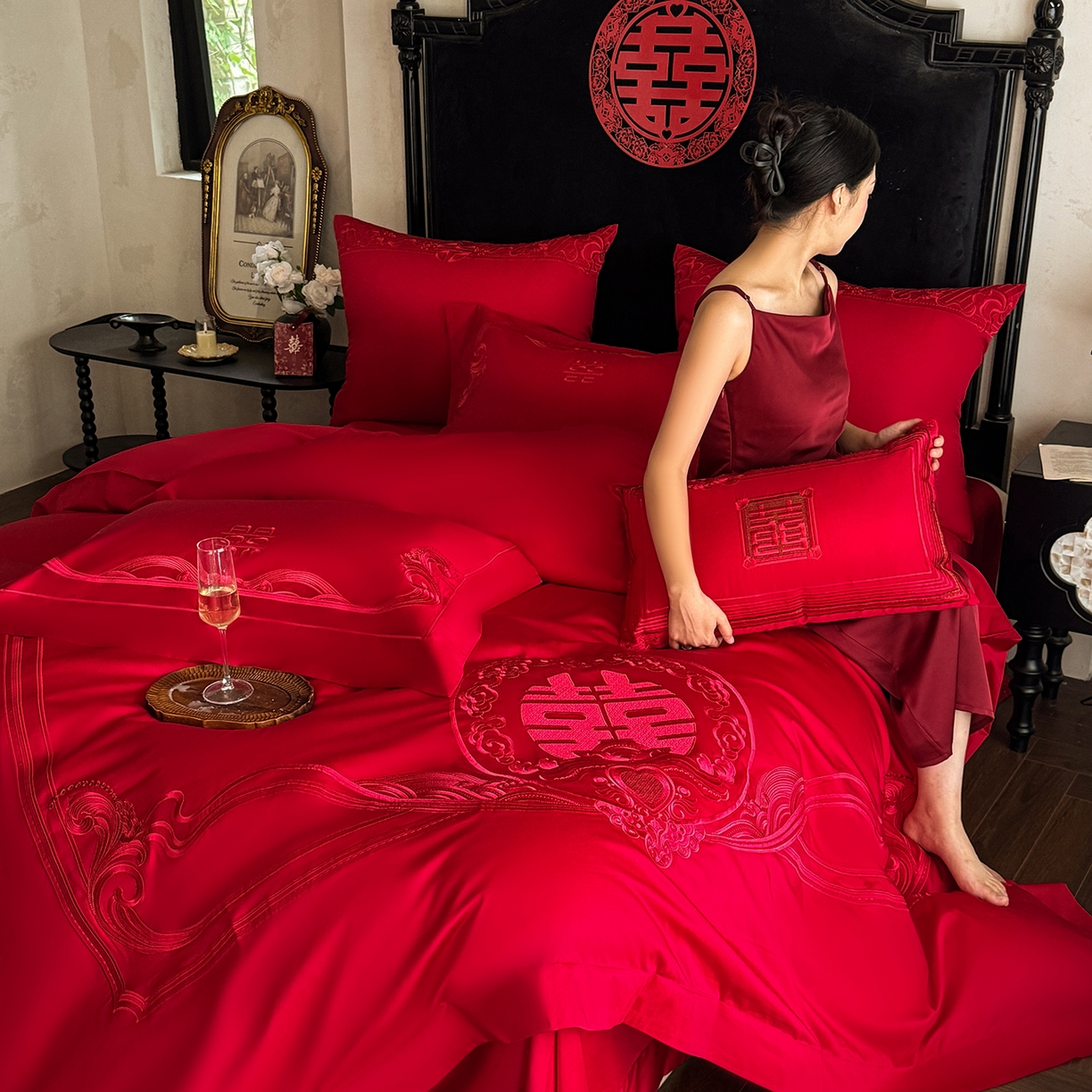 91家纺网 家纺一手货源 找家纺 （总）佳汐蓝家纺 2025新款100支全棉刺绣婚庆四件套-喜漾