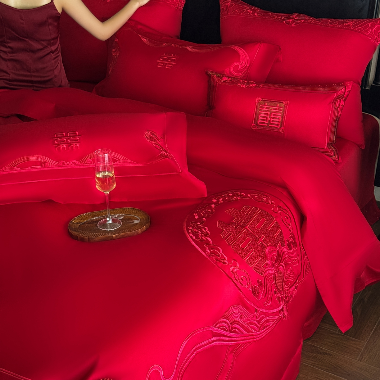 91家纺网 家纺一手货源 找家纺 （总）佳汐蓝家纺 2025新款100支全棉刺绣婚庆四件套-喜漾