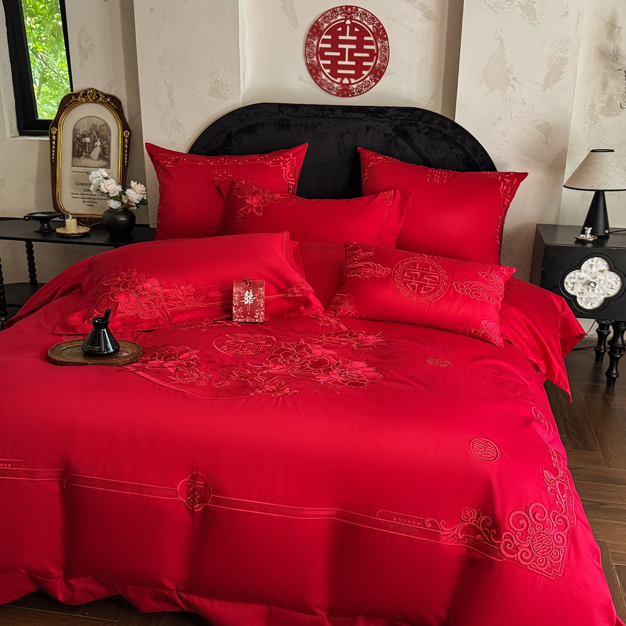 91家纺网 家纺一手货源 找家纺 （总）佳汐蓝家纺 2025新款100支全棉刺绣婚庆四件套-喜满华堂