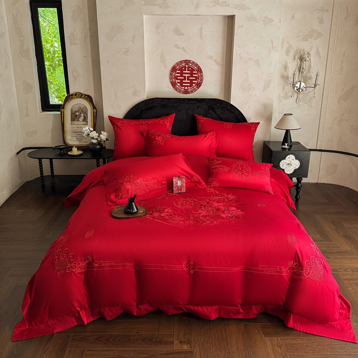 佳汐蓝家纺 2025新款100支全棉刺绣婚庆四件套-喜满华堂 喜满华堂-红