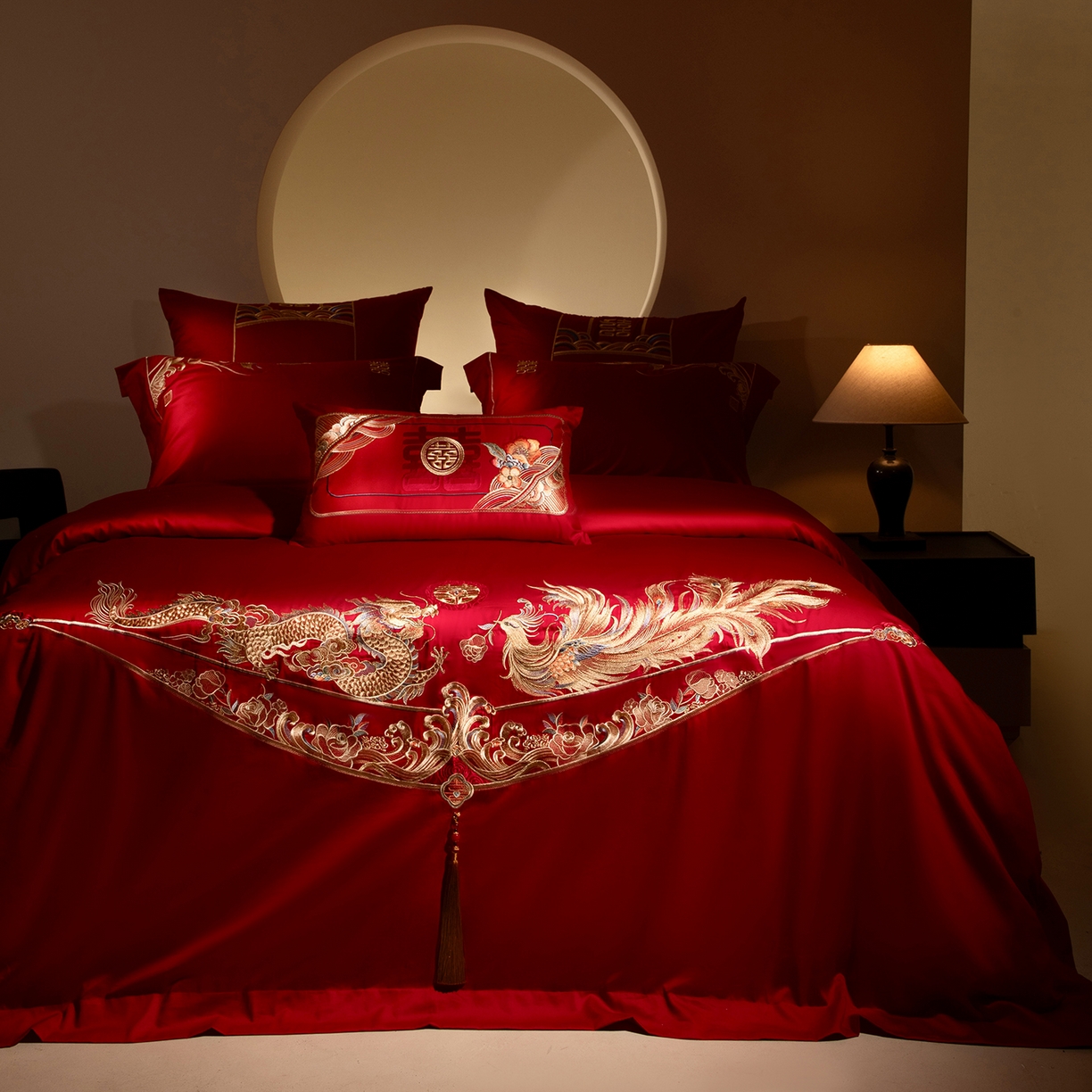 91家纺网 家纺一手货源 找家纺 （总）佳汐蓝家纺 2025新款100支全棉刺绣婚庆四件套-龙凤如意