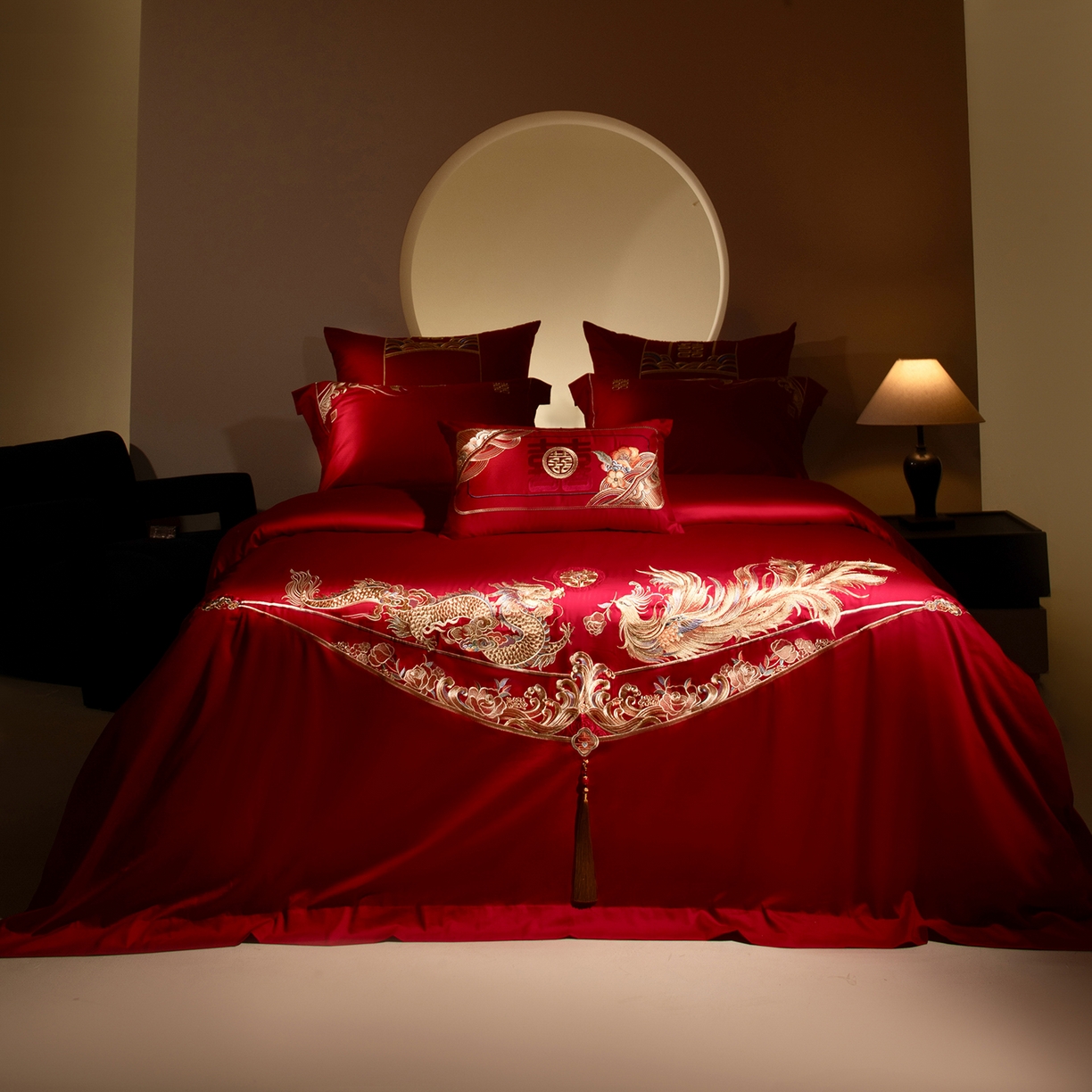 91家纺网 家纺一手货源 找家纺 （总）佳汐蓝家纺 2025新款100支全棉刺绣婚庆四件套-龙凤如意