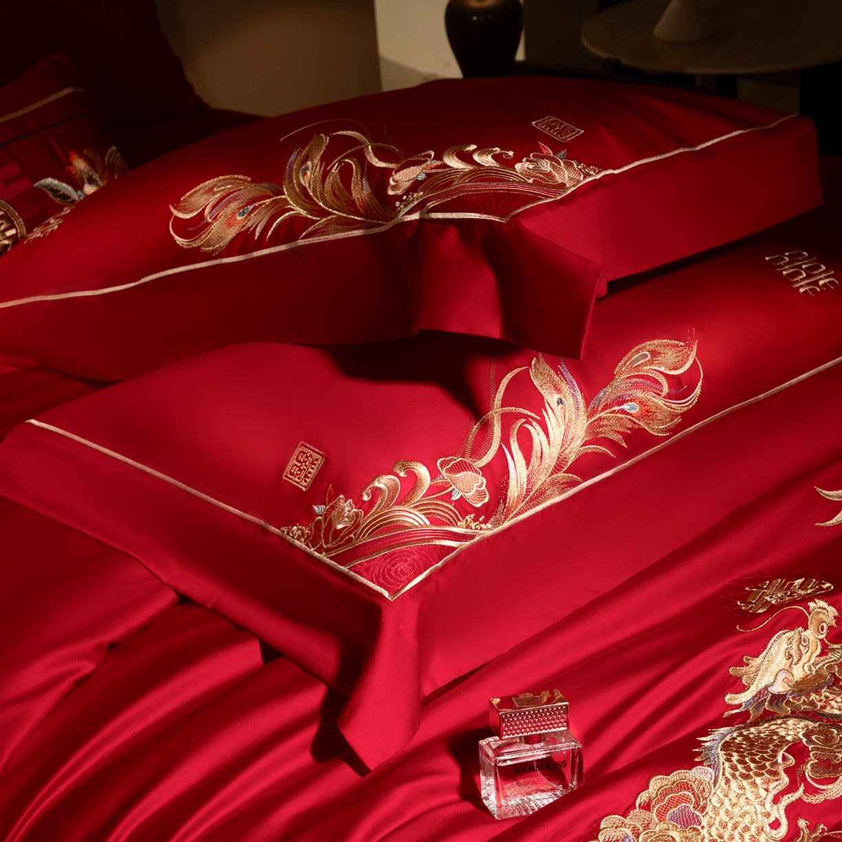 91家纺网 家纺一手货源 找家纺 （总）佳汐蓝家纺 2025新款100支全棉刺绣婚庆四件套-龙凤如意