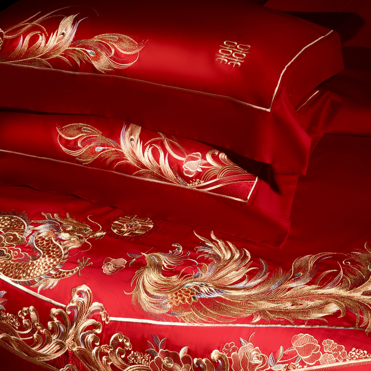 91家纺网 家纺一手货源 找家纺 （总）佳汐蓝家纺 2025新款100支全棉刺绣婚庆四件套-龙凤如意