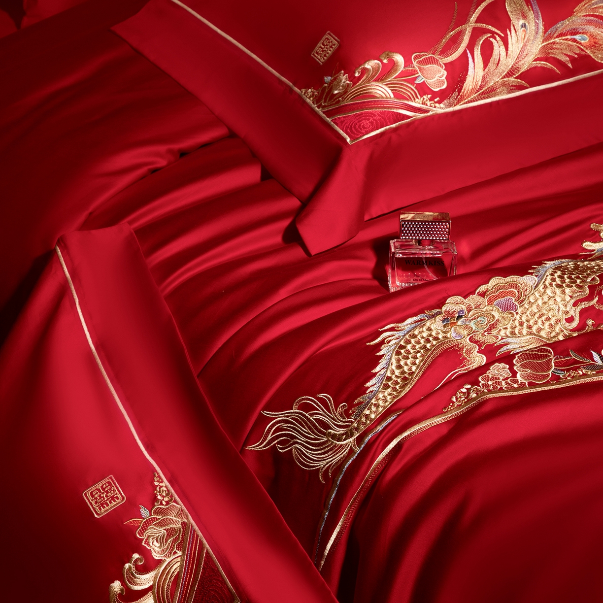 91家纺网 家纺一手货源 找家纺 （总）佳汐蓝家纺 2025新款100支全棉刺绣婚庆四件套-龙凤如意