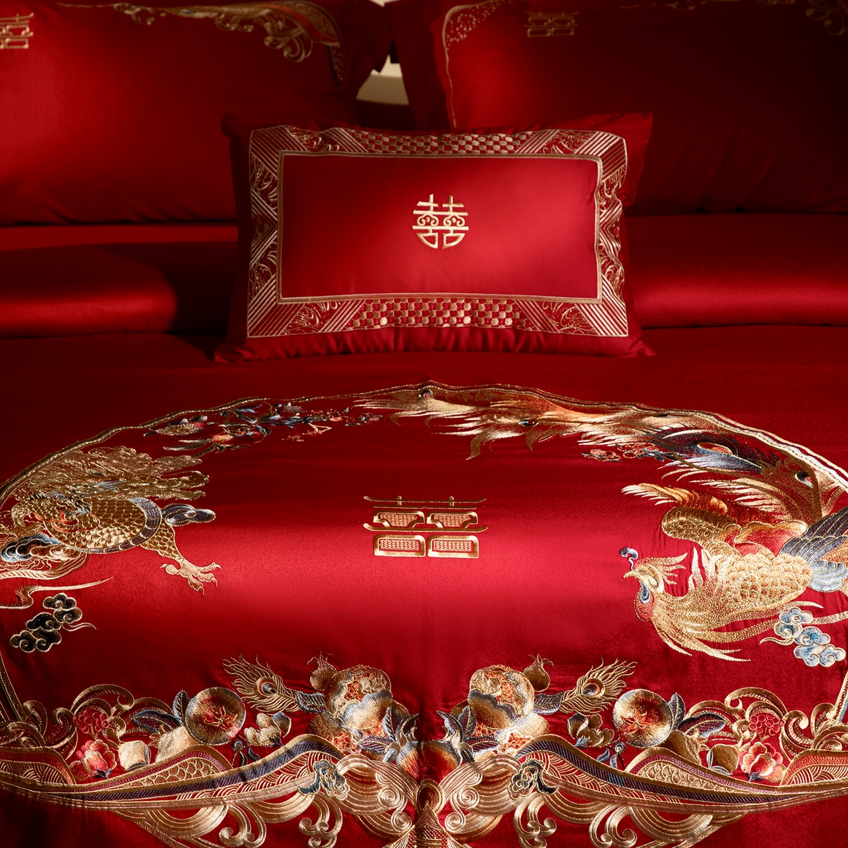 91家纺网 家纺一手货源 找家纺 （总）佳汐蓝家纺 2025新款100支全棉刺绣婚庆四件套-宫囍龙凤