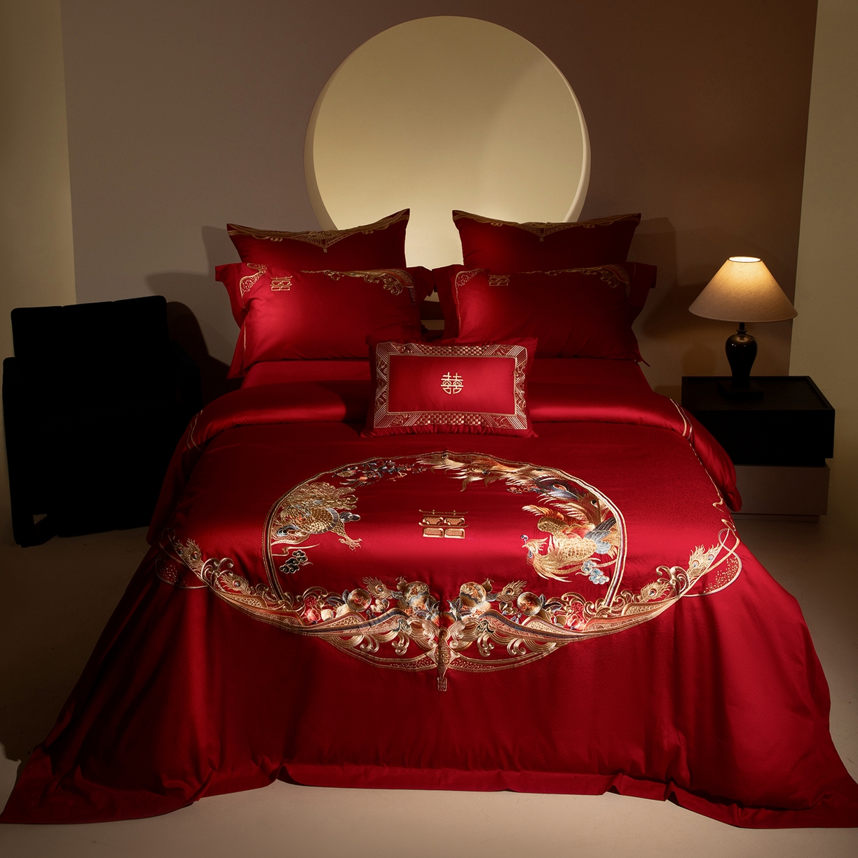 91家纺网 家纺一手货源 找家纺 （总）佳汐蓝家纺 2025新款100支全棉刺绣婚庆四件套-宫囍龙凤