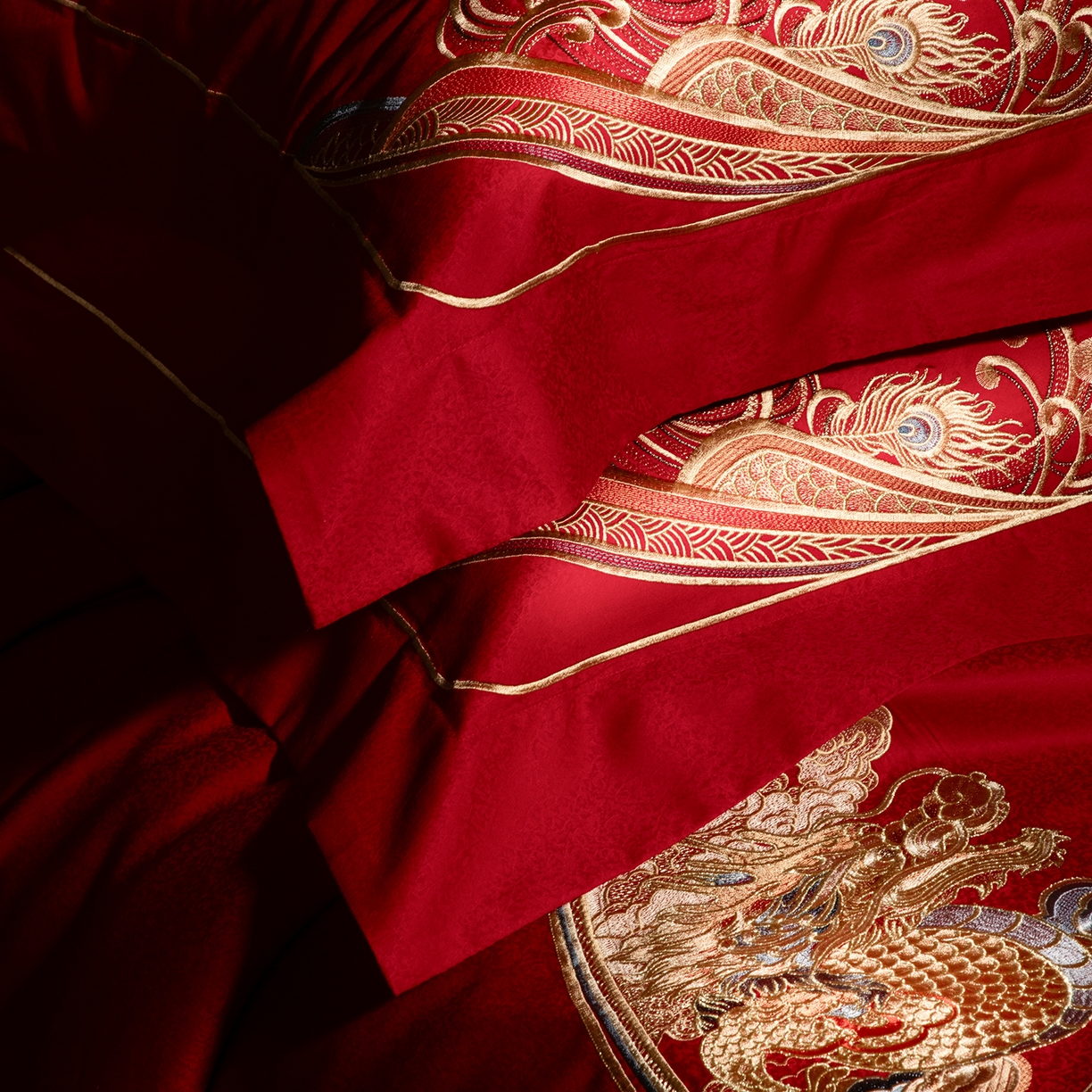 91家纺网 家纺一手货源 找家纺 （总）佳汐蓝家纺 2025新款100支全棉刺绣婚庆四件套-宫囍龙凤