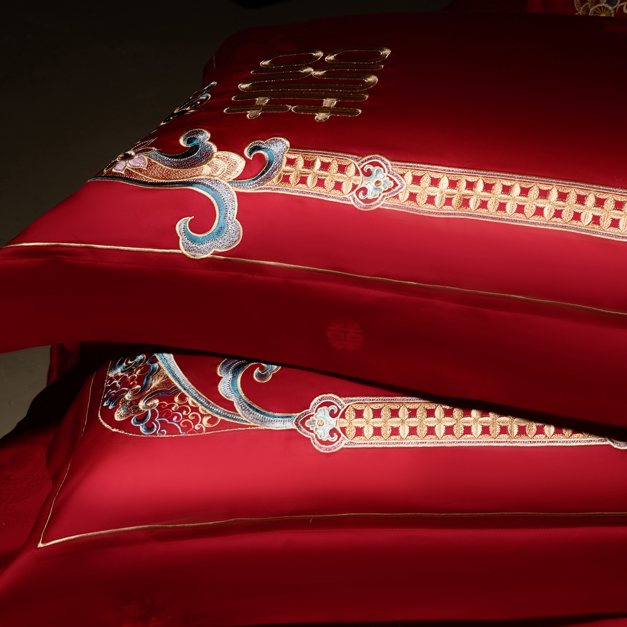 91家纺网 家纺一手货源 找家纺 （总）佳汐蓝家纺 2025新款100支贡缎提花全棉刺绣婚庆四件套-龙威凤彩