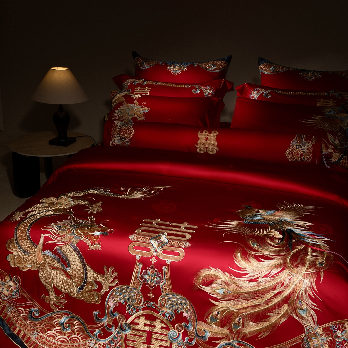 91家纺网 家纺一手货源 找家纺 （总）佳汐蓝家纺 2025新款100支贡缎提花全棉刺绣婚庆四件套-龙威凤彩