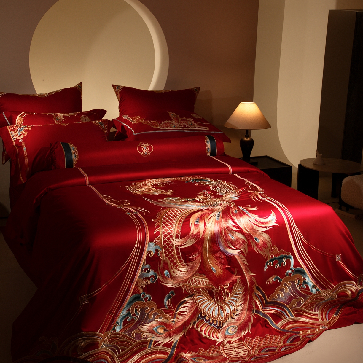 91家纺网 家纺一手货源 找家纺 （总）佳汐蓝家纺 2025新款100支贡缎提花全棉刺绣婚庆四件套-龙凤喜合