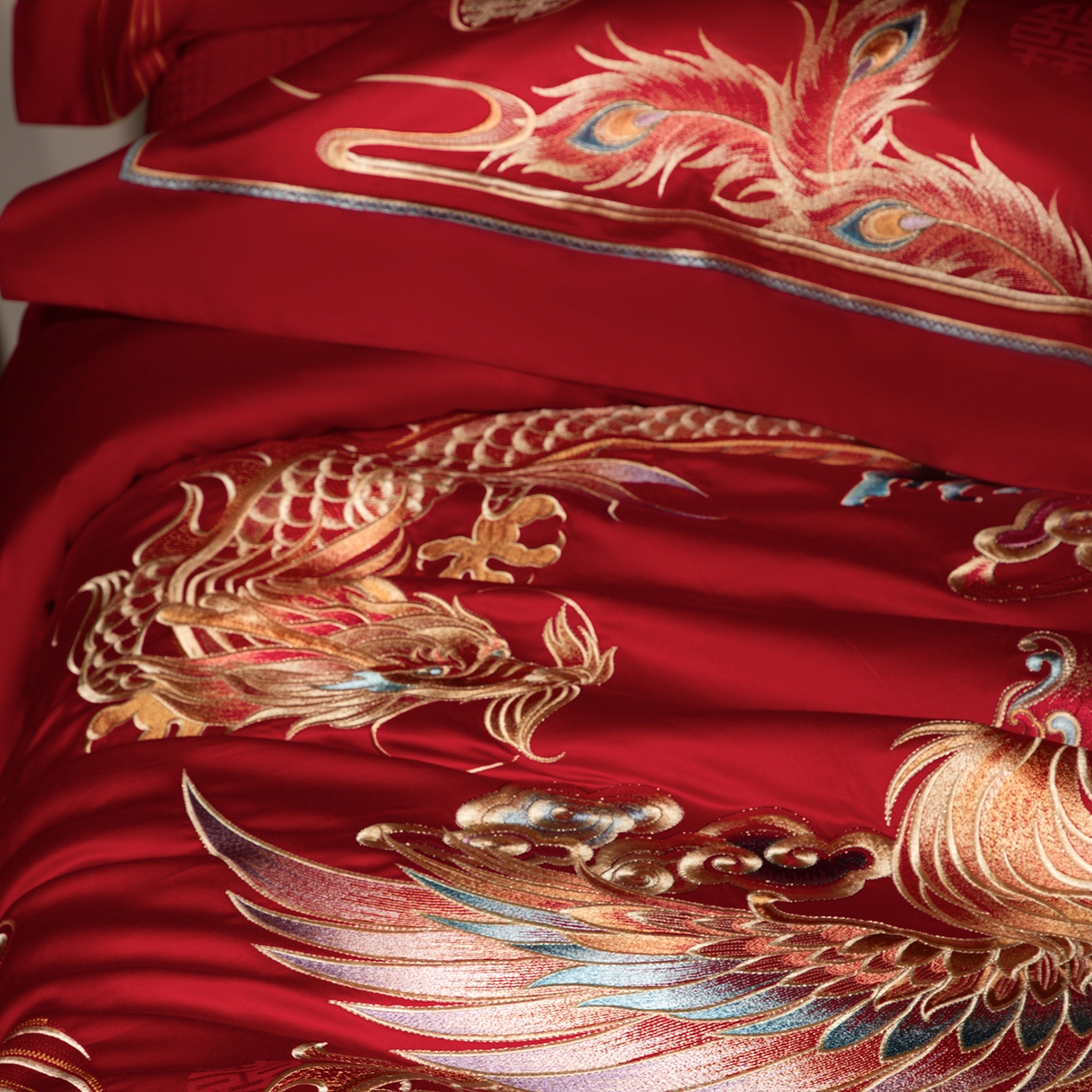 91家纺网 家纺一手货源 找家纺 （总）佳汐蓝家纺 2025新款100支贡缎提花全棉刺绣婚庆四件套-龙凤喜合