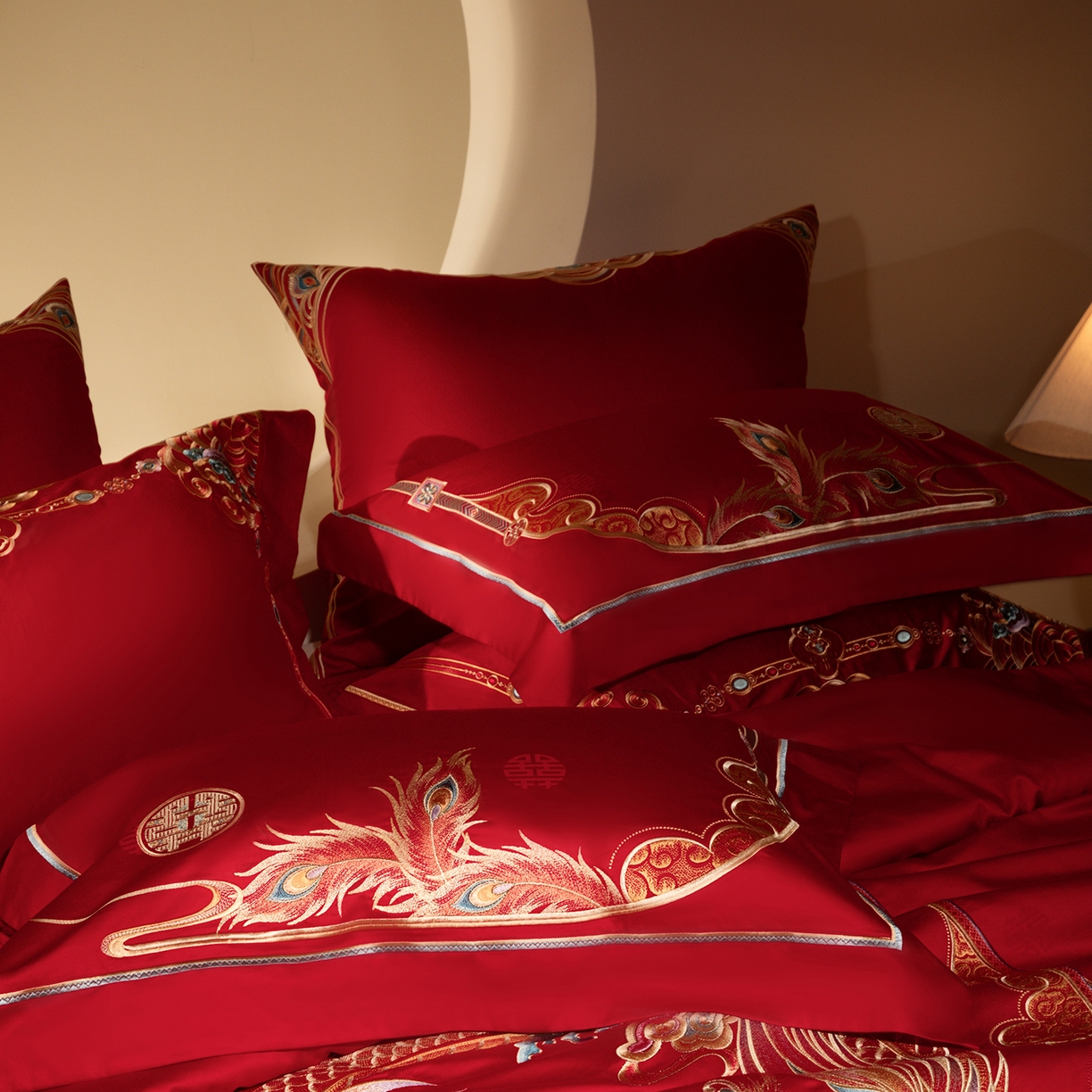 91家纺网 家纺一手货源 找家纺 （总）佳汐蓝家纺 2025新款100支贡缎提花全棉刺绣婚庆四件套-龙凤喜合