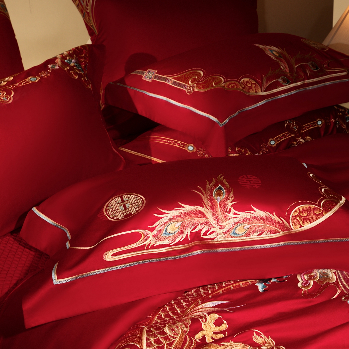 91家纺网 家纺一手货源 找家纺 （总）佳汐蓝家纺 2025新款100支贡缎提花全棉刺绣婚庆四件套-龙凤喜合