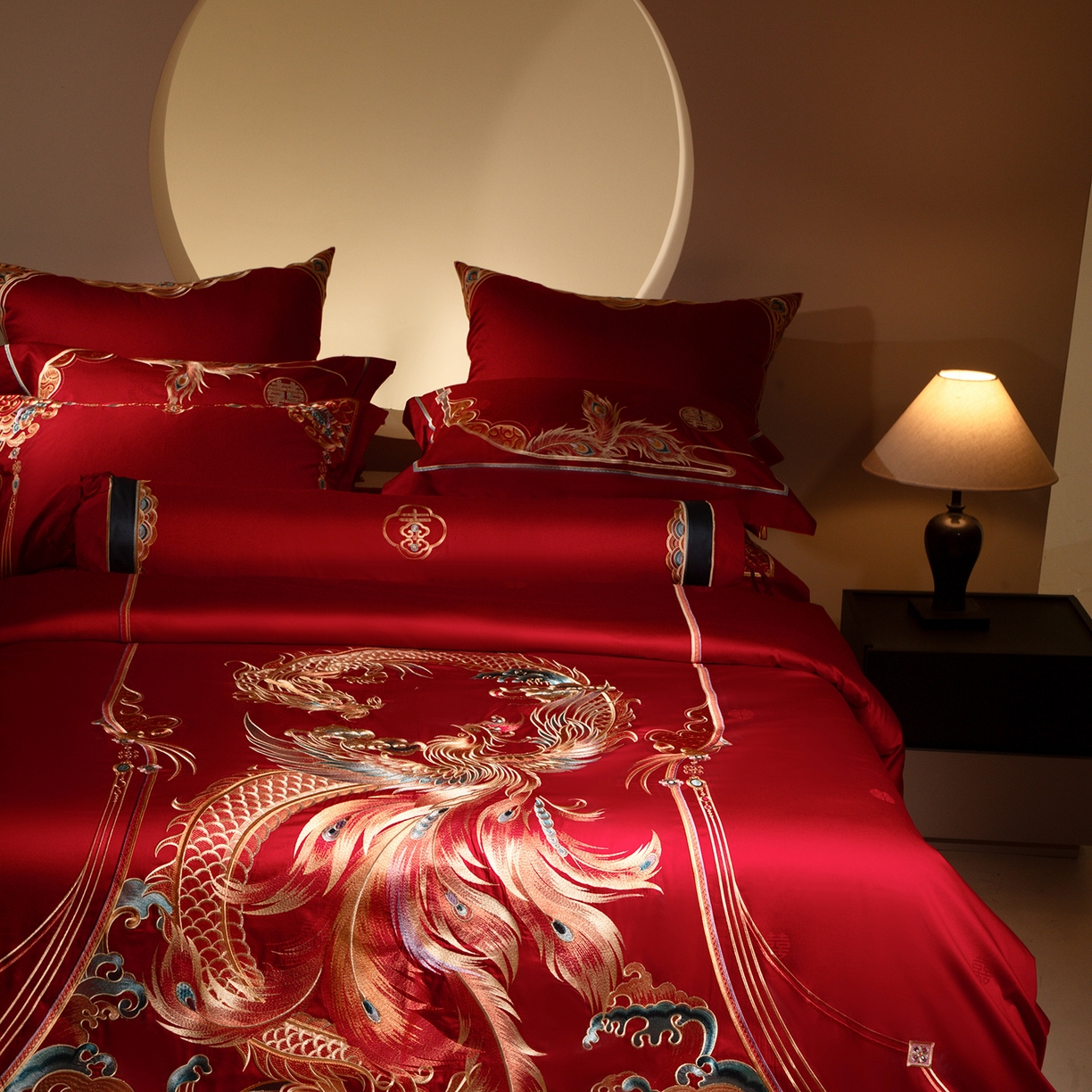 91家纺网 家纺一手货源 找家纺 （总）佳汐蓝家纺 2025新款100支贡缎提花全棉刺绣婚庆四件套-龙凤喜合