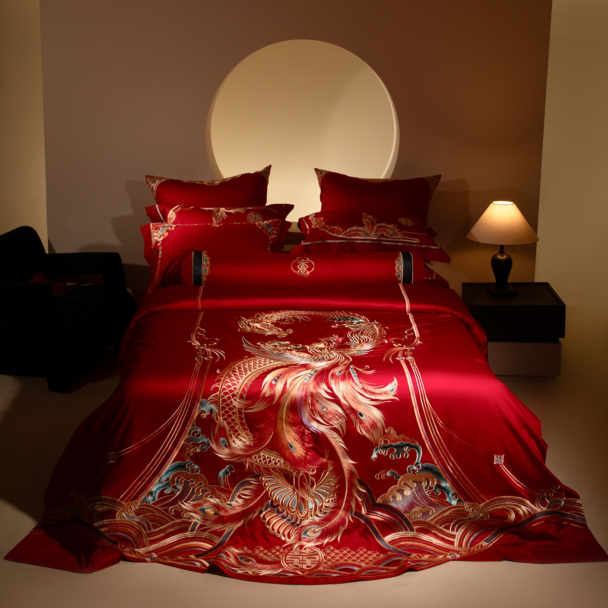 91家纺网 家纺一手货源 找家纺 （总）佳汐蓝家纺 2025新款100支贡缎提花全棉刺绣婚庆四件套-龙凤喜合