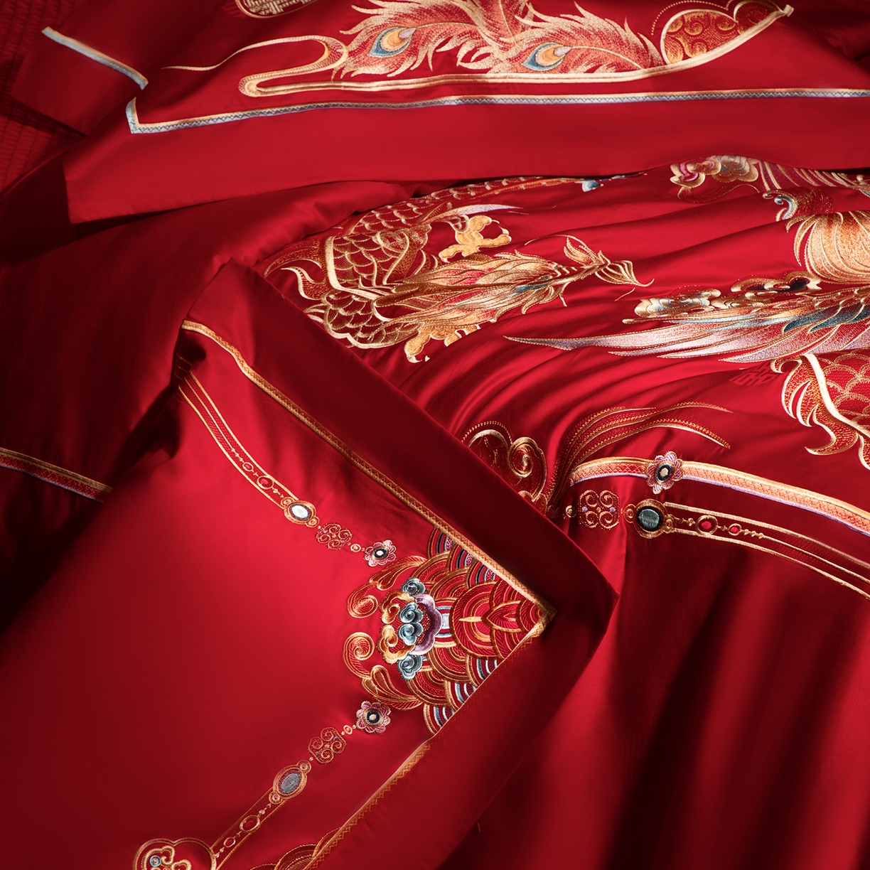 91家纺网 家纺一手货源 找家纺 （总）佳汐蓝家纺 2025新款100支贡缎提花全棉刺绣婚庆四件套-龙凤喜合