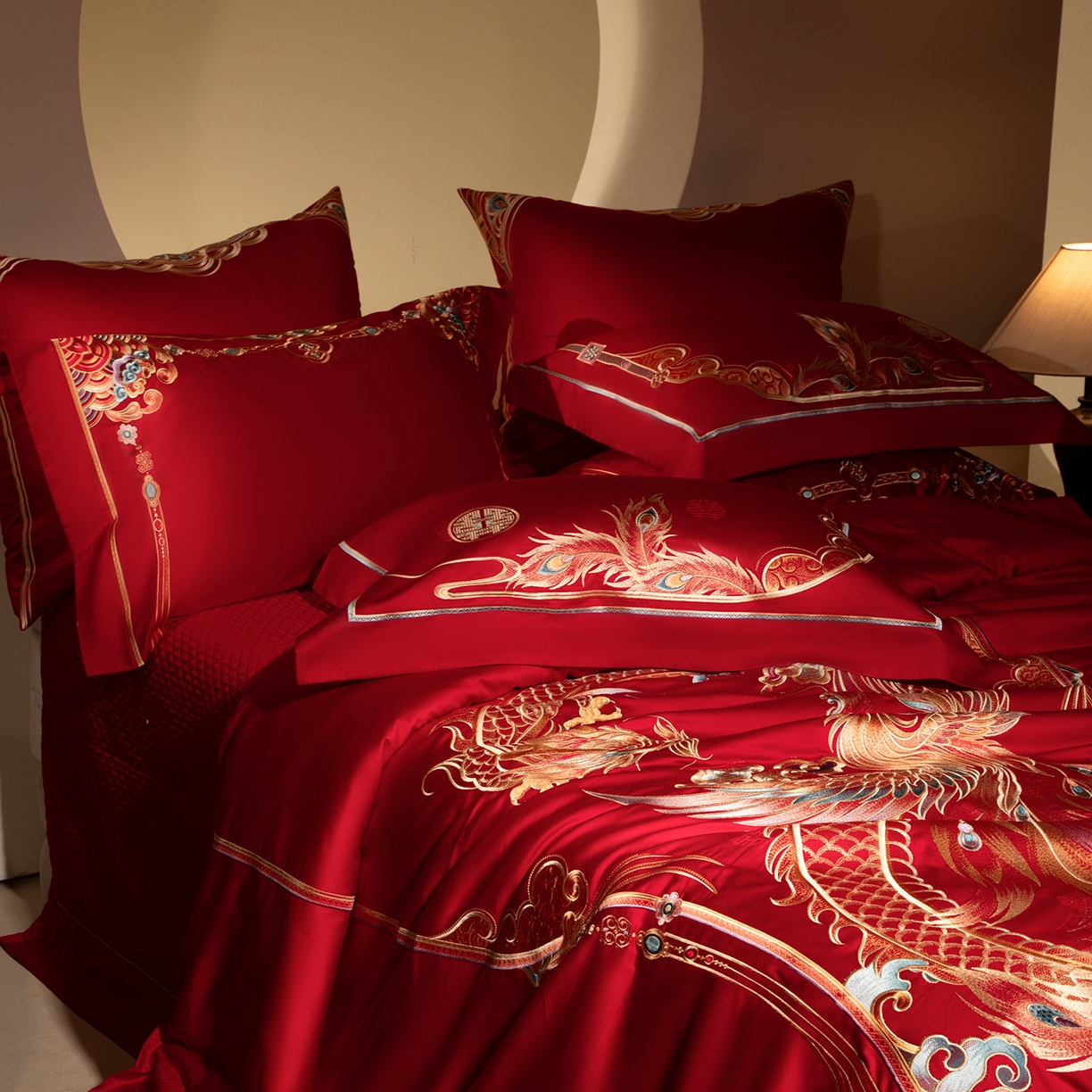 91家纺网 家纺一手货源 找家纺 （总）佳汐蓝家纺 2025新款100支贡缎提花全棉刺绣婚庆四件套-龙凤喜合