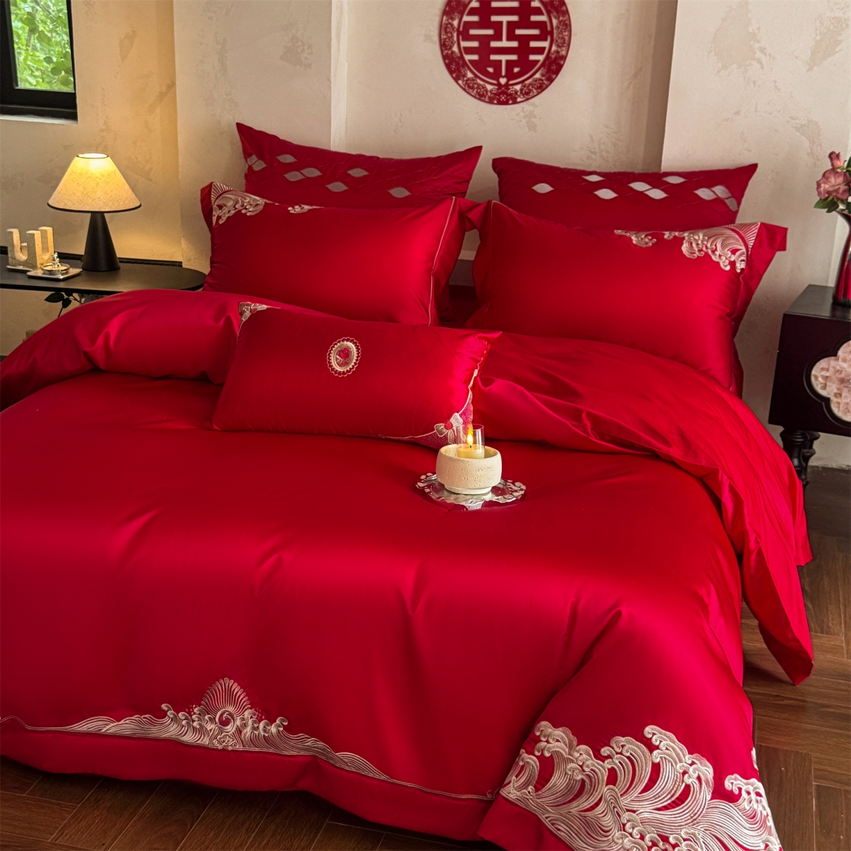 91家纺网 家纺一手货源 找家纺 （总）佳汐蓝家纺 2025新款100支全棉刺绣婚庆四件套-爱漾（金）