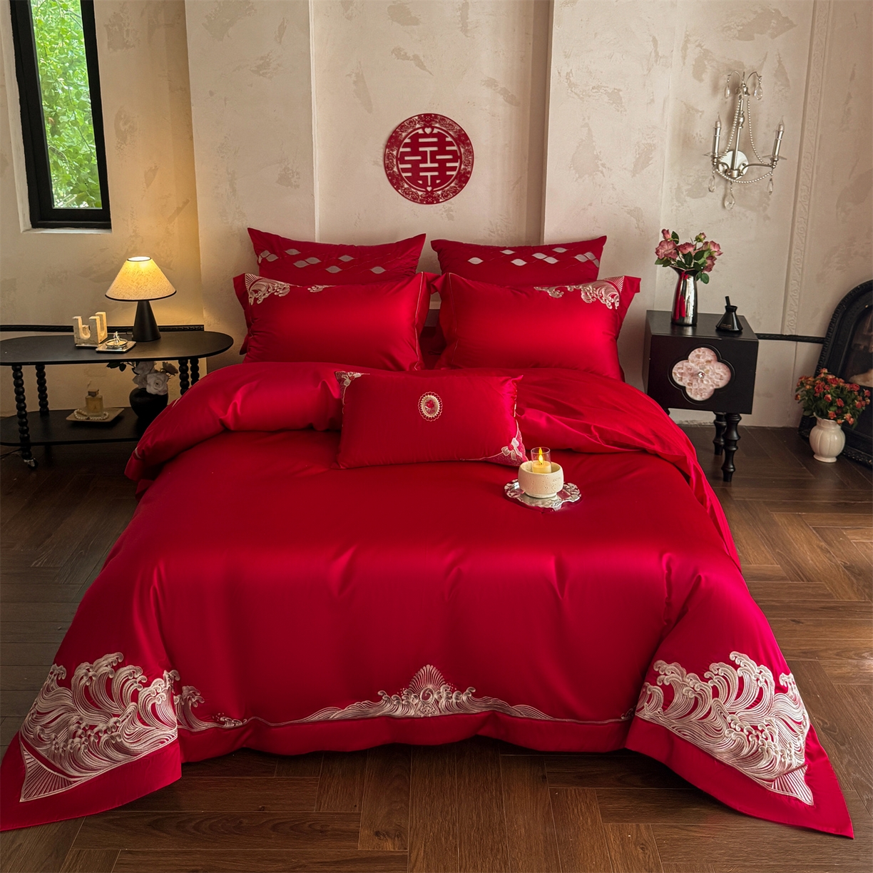 （总）佳汐蓝家纺 2025新款100支全棉刺绣婚庆四件套-爱漾（金）