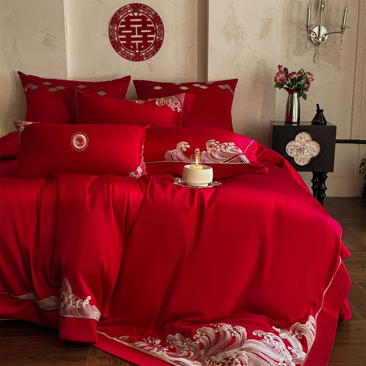 91家纺网 家纺一手货源 找家纺 （总）佳汐蓝家纺 2025新款100支全棉刺绣婚庆四件套-爱漾（金）