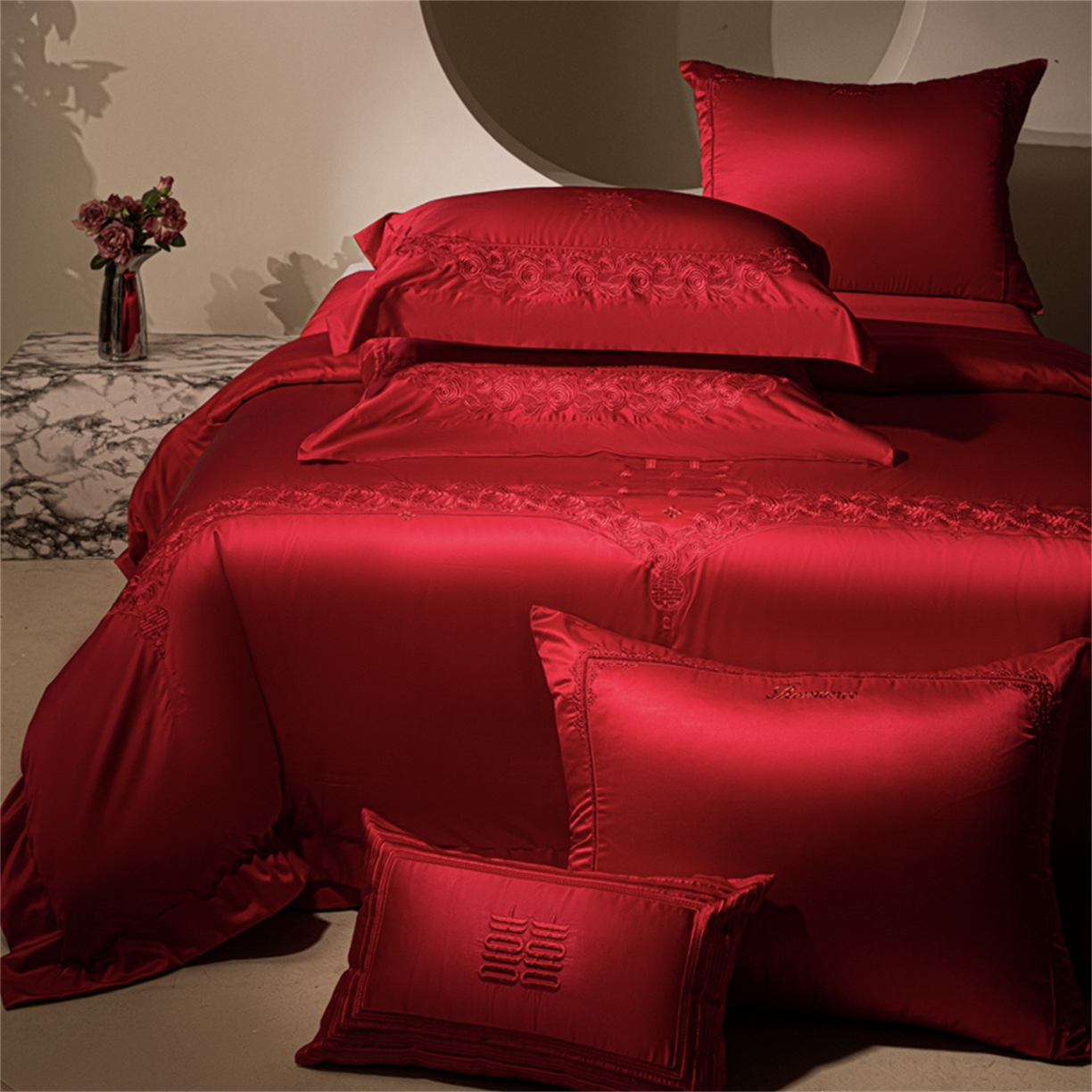 91家纺网 家纺一手货源 找家纺 （总）佳汐蓝家纺 2025新款100支全棉刺绣婚庆四件套-甜蜜时光