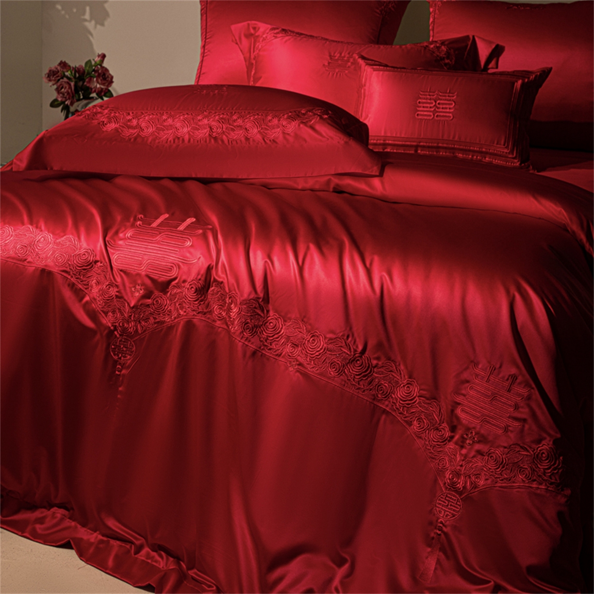 91家纺网 家纺一手货源 找家纺 （总）佳汐蓝家纺 2025新款100支全棉刺绣婚庆四件套-甜蜜时光