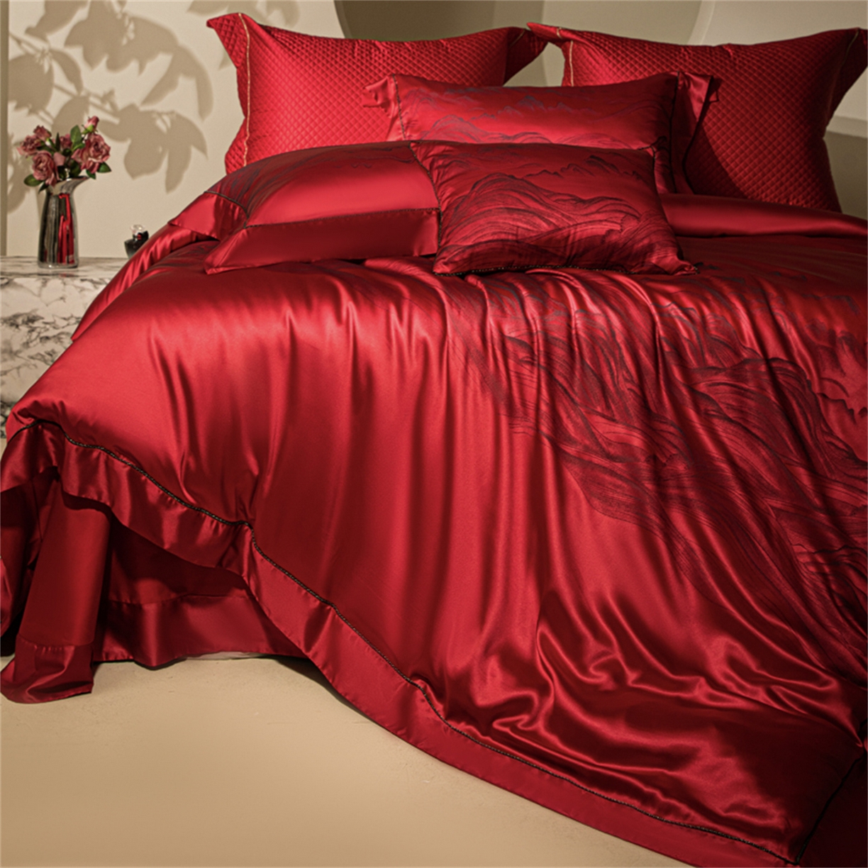 91家纺网 家纺一手货源 找家纺 （总）佳汐蓝家纺 2025新款100支全棉刺绣婚庆四件套-维尔斯