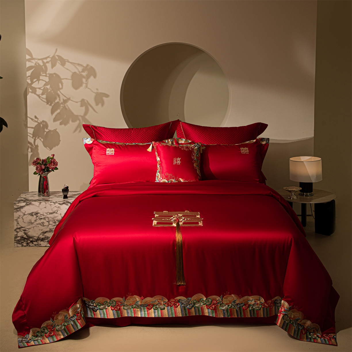 91家纺网 家纺一手货源 找家纺 （总）佳汐蓝家纺 2025新款100支全棉刺绣婚庆四件套-喜传祥瑞