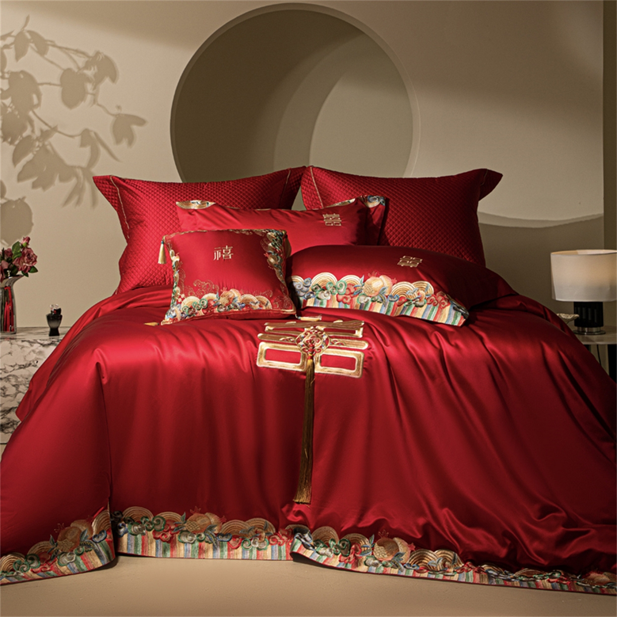 91家纺网 家纺一手货源 找家纺 （总）佳汐蓝家纺 2025新款100支全棉刺绣婚庆四件套-喜传祥瑞