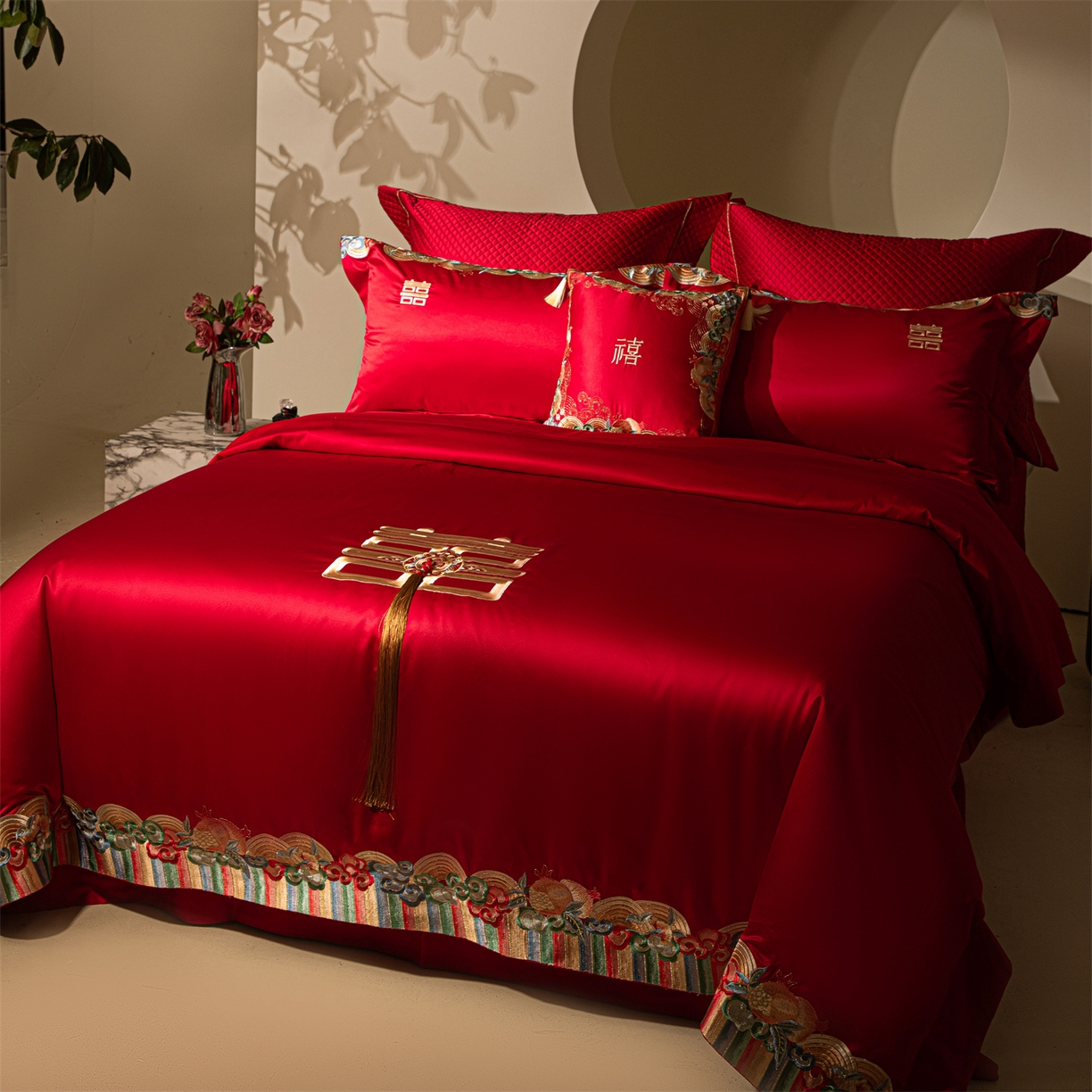 91家纺网 家纺一手货源 找家纺 （总）佳汐蓝家纺 2025新款100支全棉刺绣婚庆四件套-喜传祥瑞