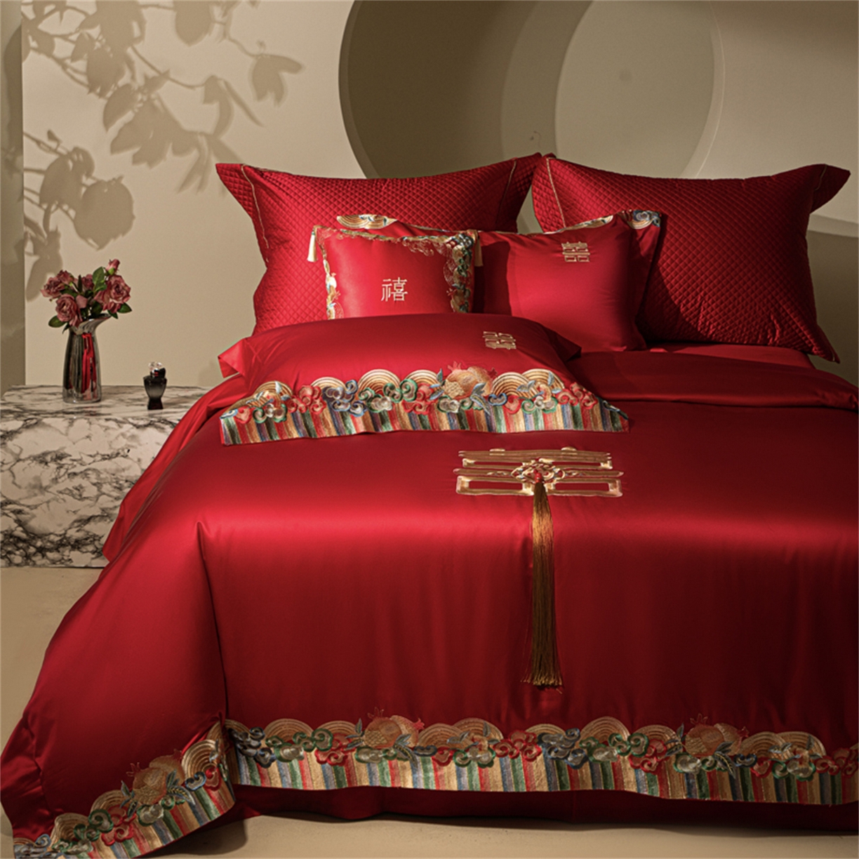 91家纺网 家纺一手货源 找家纺 （总）佳汐蓝家纺 2025新款100支全棉刺绣婚庆四件套-喜传祥瑞