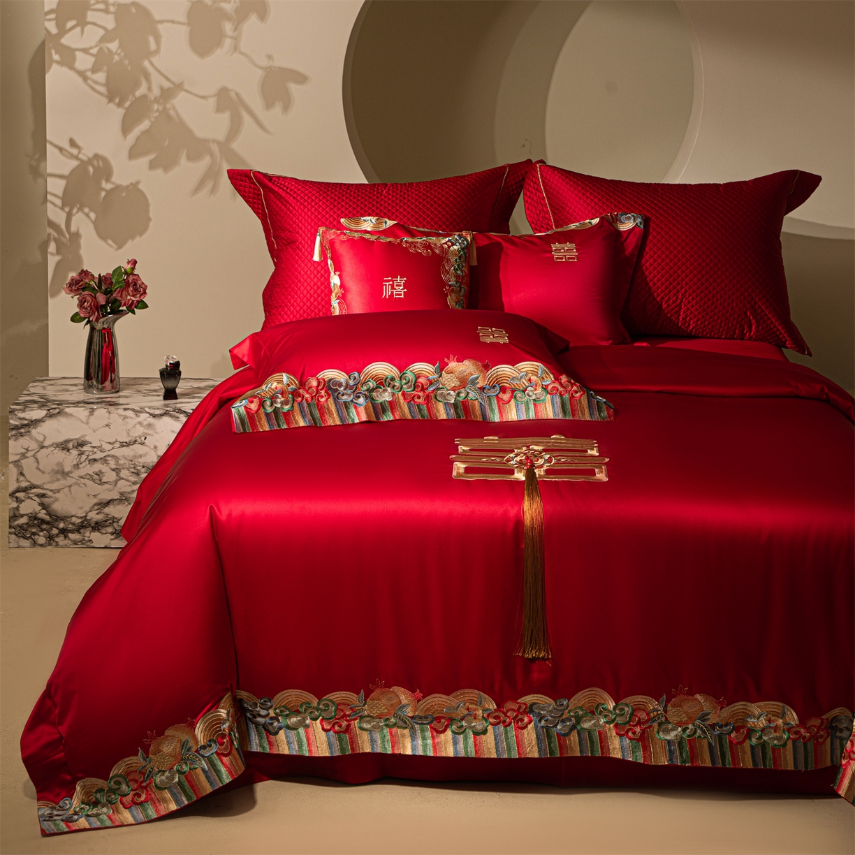 91家纺网 家纺一手货源 找家纺 （总）佳汐蓝家纺 2025新款100支全棉刺绣婚庆四件套-喜传祥瑞