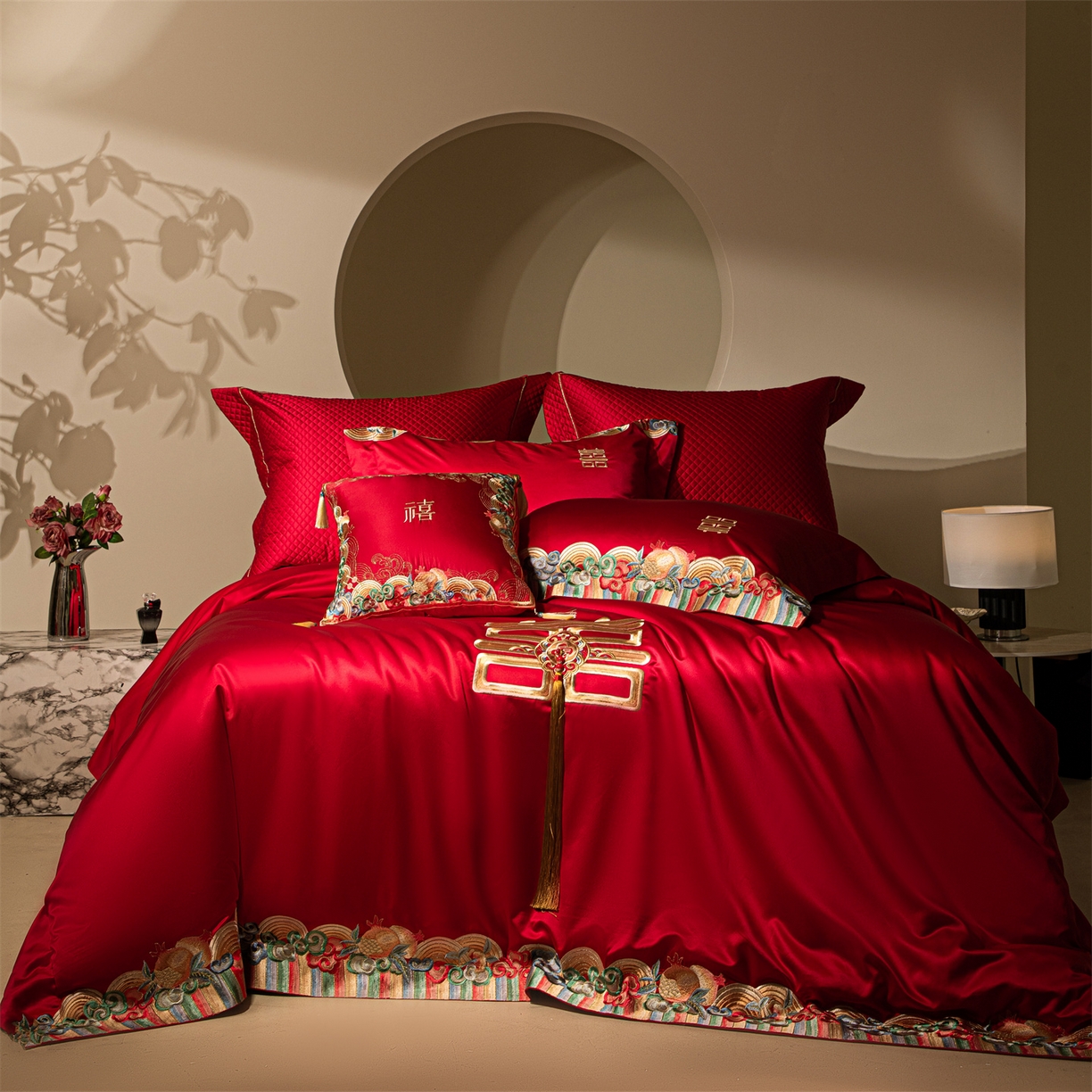 91家纺网 家纺一手货源 找家纺 （总）佳汐蓝家纺 2025新款100支全棉刺绣婚庆四件套-喜传祥瑞