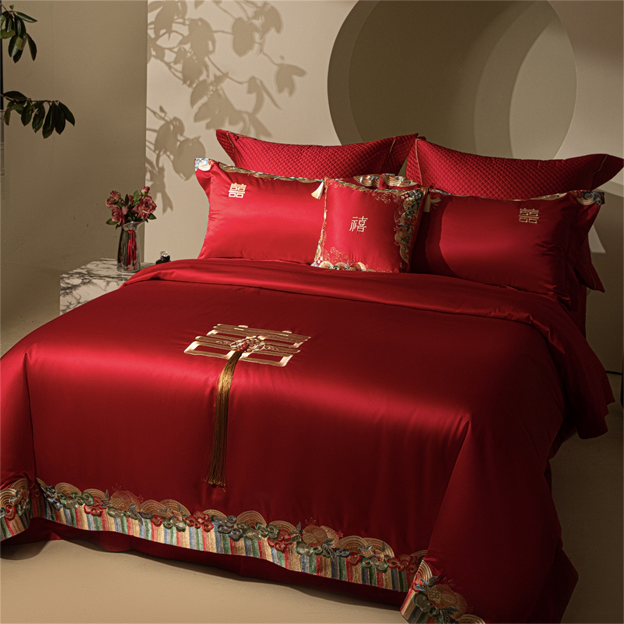 91家纺网 家纺一手货源 找家纺 （总）佳汐蓝家纺 2025新款100支全棉刺绣婚庆四件套-喜传祥瑞