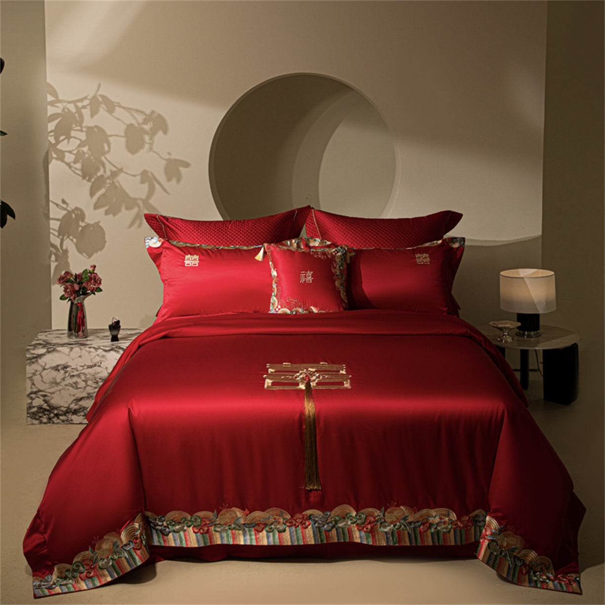 91家纺网 家纺一手货源 找家纺 （总）佳汐蓝家纺 2025新款100支全棉刺绣婚庆四件套-喜传祥瑞