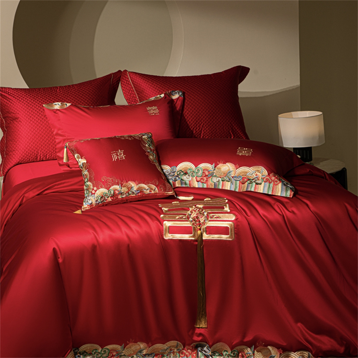 91家纺网 家纺一手货源 找家纺 （总）佳汐蓝家纺 2025新款100支全棉刺绣婚庆四件套-喜传祥瑞