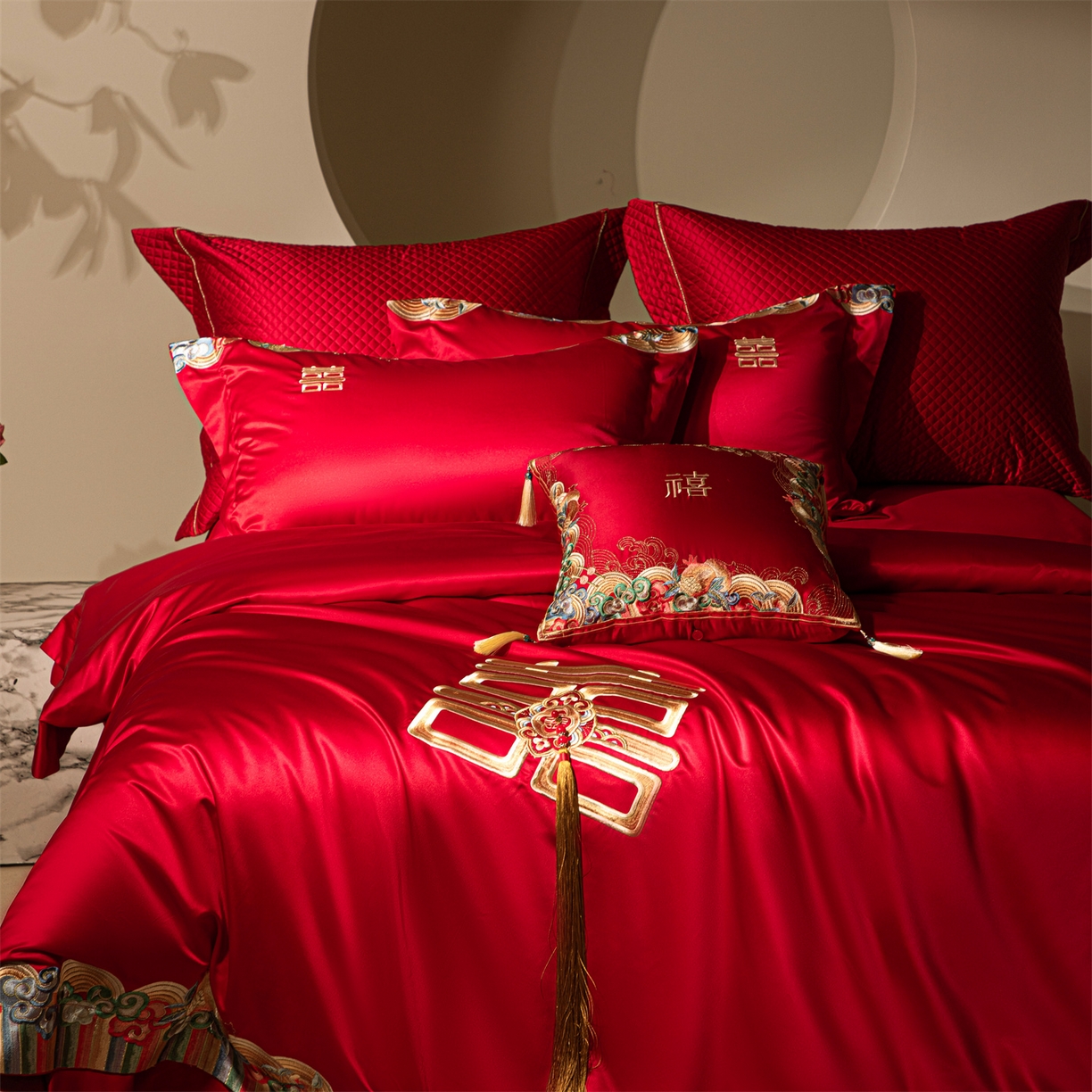 91家纺网 家纺一手货源 找家纺 （总）佳汐蓝家纺 2025新款100支全棉刺绣婚庆四件套-喜传祥瑞